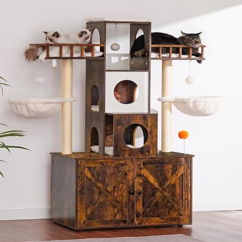 Modern Cat Tree with Litter Box Enclosure and Scratching Posts for Large Cats