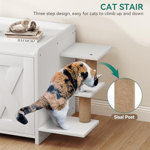 YITAHOME 27" Cat Litter Box with Scratching Post & Cushion, White