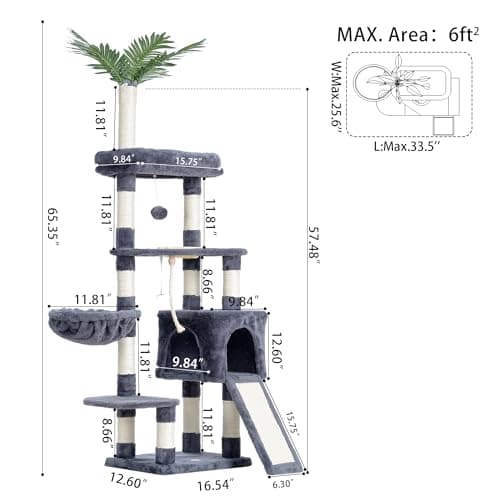65.4-Inch Cat Tree for Indoor Cats with Plush Furniture and Scratching Posts - Smoky Gray Color (HCT015G) by Heybly