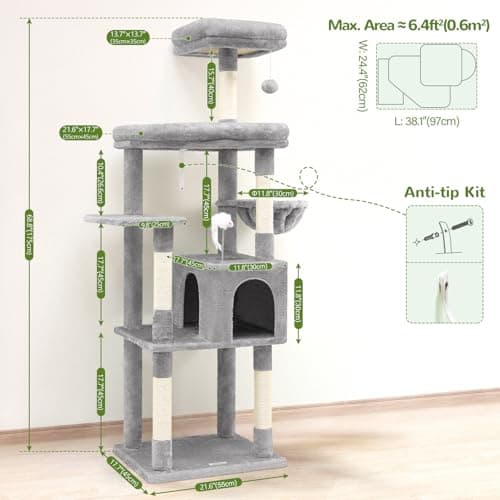 68-inch Sturdy Cat Tree for Adult Big Cats, 20 lbs Heavy Duty Light Grey