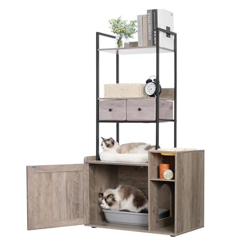 Hey-Brother Cat Litter Box Enclosure with Storage Shelves and Drawers - Rustic Gray MPJ131SG