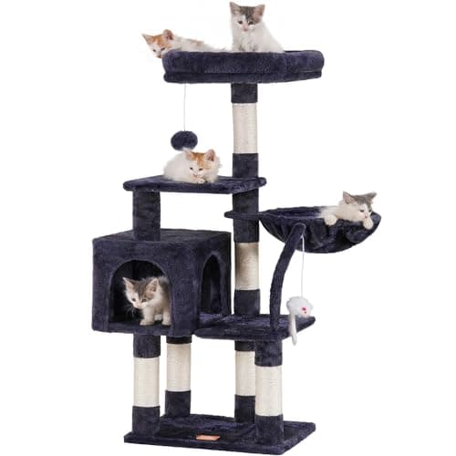 Heybly Cat Tree, Indoor Cat Tower with Leaves Perches and Feeding Bowl