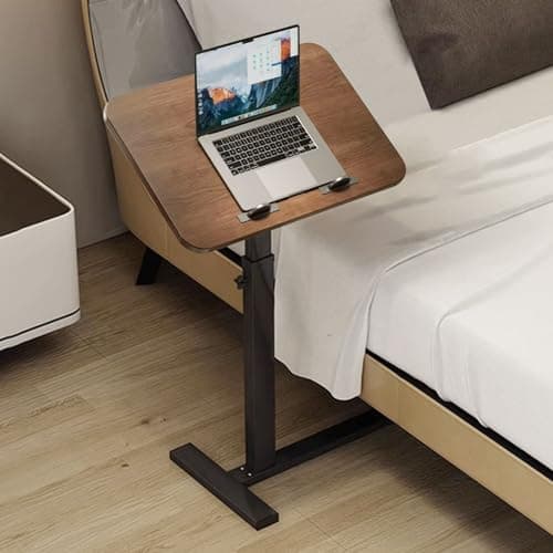 White Adjustable Overbed Table with Hidden Wheels & Cup Holder — Tilt Walnut