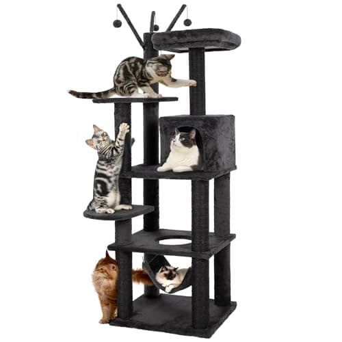 Tall Wood Cat Tree with Sisal Posts, 69" Multi-Level Platforms, Heavy Duty for Large Cats — 73.6” H Black