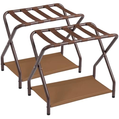 Folding Luggage Rack Set of 2 for Guests, Metal with Storage Shelf, Bronze.