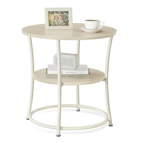 VASAGLE Round End Table with 2 Shelves for Living Room, Bedroom & Nightstand, Rustic Brown & Ink Black — Natural Beige