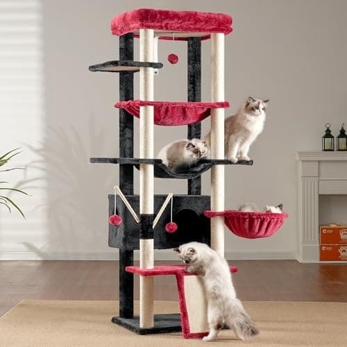 Heybly Large Indoor Cat Tree for Adult Cats, 68.1-inch Tall with Sisal Scratching Posts, Multi-Level with Hammocks, Black and Red HCT035BR
