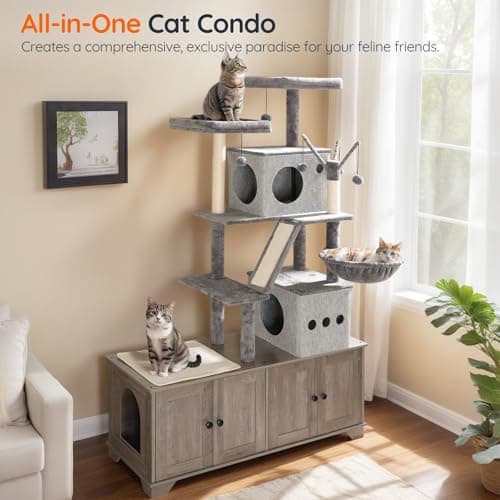 HOOBRO All-in-One Cat Tower with Hidden Litter Box Enclosure, 45.3"x17.7"x68.9"