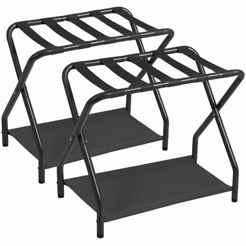 Folding Luggage Rack Set of 2 for Guests, Metal with Storage Shelf, Bronze. — Black