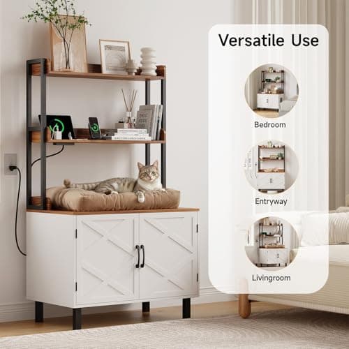 White 55 Inch Cat Litter Box with Storage & Charging, Wooden House for Livingroom & Entryway