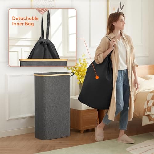 Lifewit 65L Slim Laundry Hamper with Lid & Bamboo Handles, Dark Gray