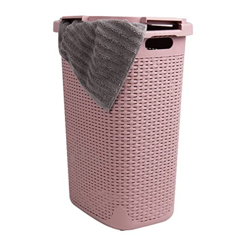 60L Slim Laundry Hamper with Lid, Set of 2, Ivory — Pink