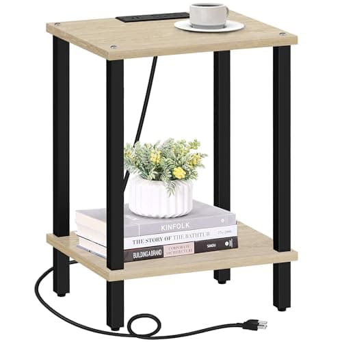 TUTOTAK End Table with Charging Station, 2-Tier Storage, USB Ports TB01BB040 — Oak