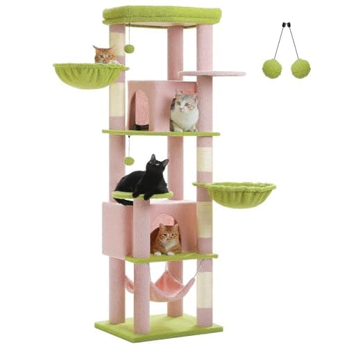 Large Multi-Level Pink Cat Tree for Indoor Cats with 3 Hammocks & 2 Condos