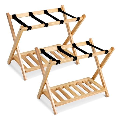 Babion 2-Tier Foldable Luggage Rack with Shelf,Heavy Duty Nylon Belts, 4 Pack — 2 Pack Natural with Wood Rack