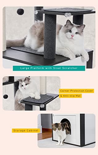 Petepela Large Wood Cat Tree with Litter Box, Storage & Scratching Post, Black
