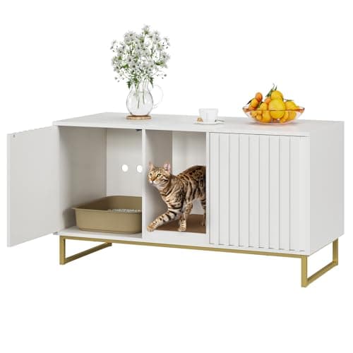 Cat Litter Box Enclosure for 2 Cats, Brown TV Stand & Washroom — White