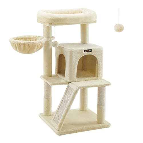 Feandrea Smoky Gray Cat Tree, Large Cat Tower 37.8" Multi-Level Condo — Beige