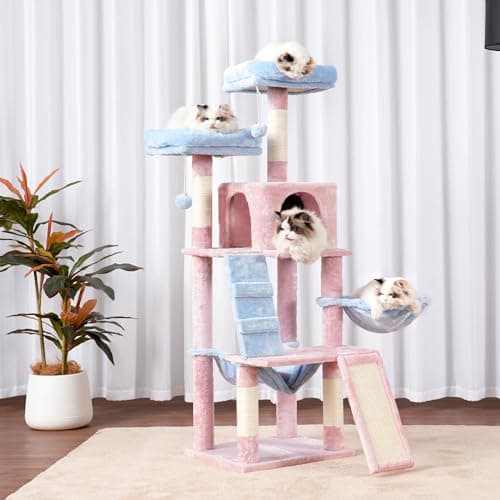 Heybly Cat Tree for Indoor Cats, Multi-Level Furniture Condo with Perch, Basket & Scratching Board - Blue/Pink