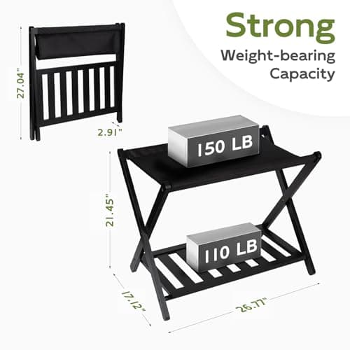 Bamboo Luggage Rack with Shelf | Heavy Duty, Black