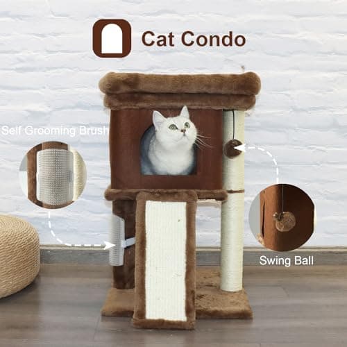 Indoor Cat Tree with Scratching Post and Grooming Brush, Brown