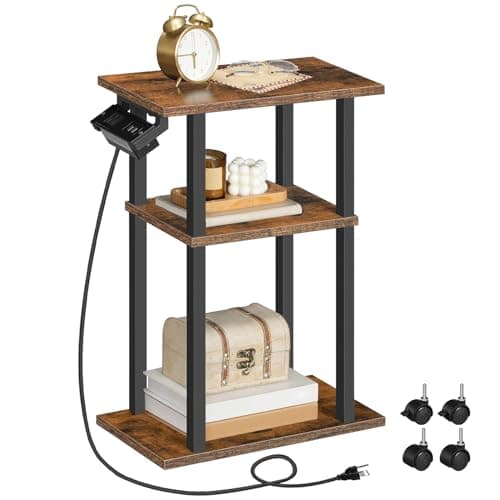 HOOBRO Small Narrow Side Table with Charging Station, Sofa Beside Table on Wheels for Living Room