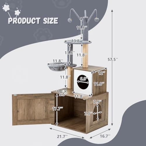 Erinnyees Litter Box with Cat Tree & Hidden Washroom for Indoor Cats