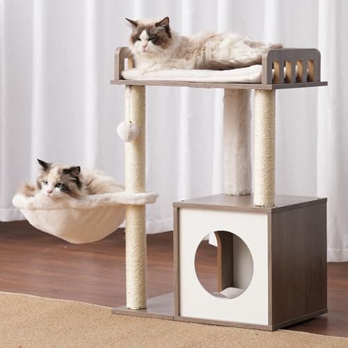 Heybly Modern Wooden Cat Tree with 3 Scratching Posts & Rustic Gray Condo HCT007SSG