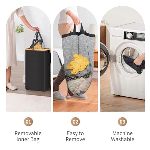 Large Black Foldable Laundry Hamper with Lid & Bamboo Handle