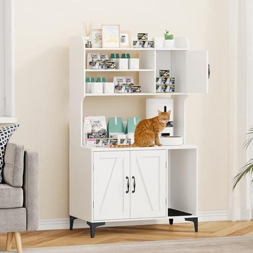 IDEALHOUSE Walnut Wood Cat Litter Box Enclosure with Shelves Doors — White