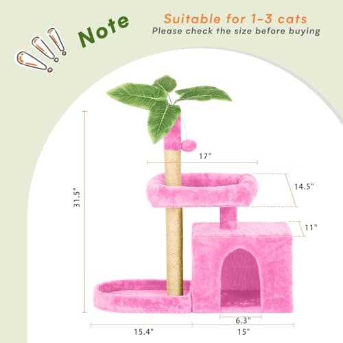 31.5" Pink Cat Tree with Leaf Design & Scratching Posts