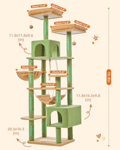 Taoqimiao 71-Inch Multi-Level Cat Tree with 10 Scratching Posts & 2 Caves