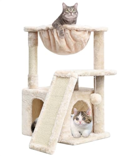 SYANDLVY Gothic Indoor Cat Tree for Large Adults with Scratching Posts & Plush Perch Black — Beige
