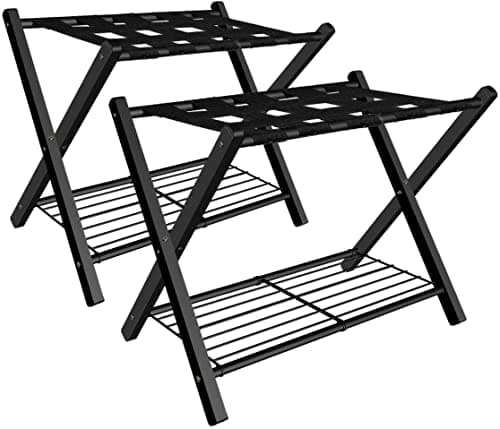 Black Metal Foldable Suitcase Stand with Shelf, 2 Pack