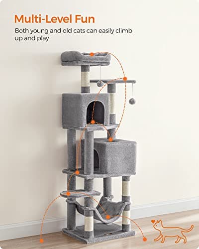 Feandrea 61-Inch Cat Tree for Indoor Cats - Plush Multi-Level Condo with 5 Scratching Posts, 2 Perches, 2 Caves, and Hammock in Light Gray
