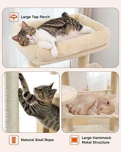 Beige Metal Plush Cat Tree for Large Cats with Hammock & 6-Tier Shelves