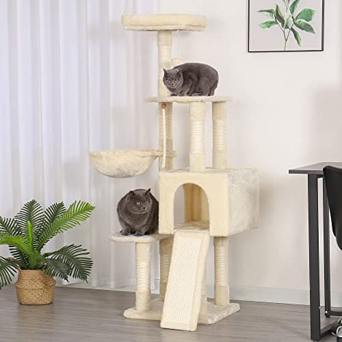Indoor Cat Tower with Scratching Board and Feeding Bowl