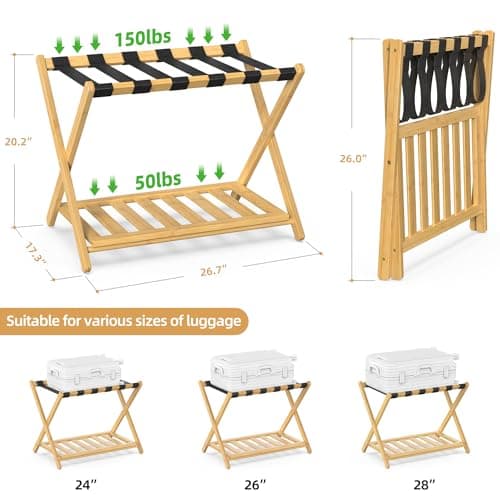 Bamboo Luggage Rack for Guest Room - 2 Pack, 26.77 Folding Suitcase Stand with Storage Shelf (Natural)