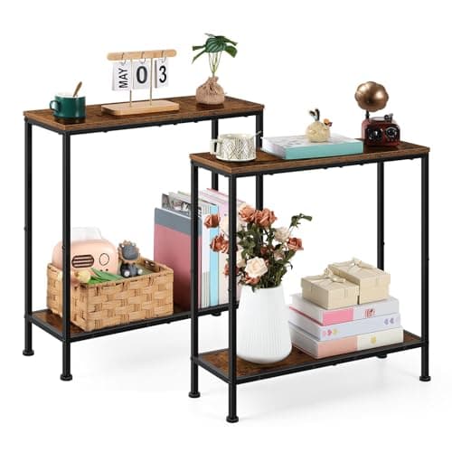 OYEAL Black Narrow Side Table with Cup Holder and Storage Shelf — Rustic Brown