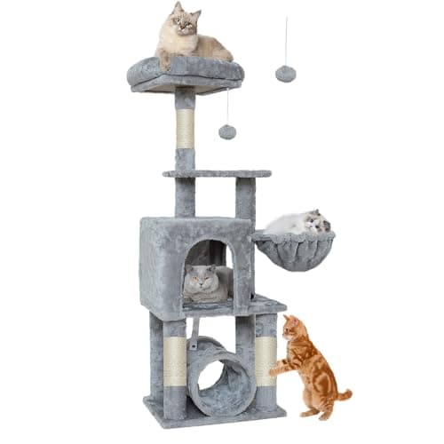 Gothic 49-Inch Cat Tree with 3 Scratching Posts & Tunnel for Indoor Cats — Light Gray