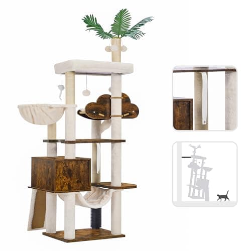 Hebly Wood Cat Tree for Large Cats with Groomer, Scratcher, Hammock & Ball, Rustic Brown