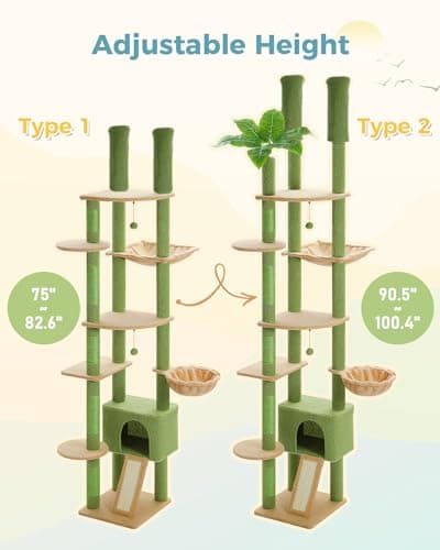 PEQULTI Floor to Ceiling Cat Tree Tower with Condo, Hammock & Scratching Post, Green
