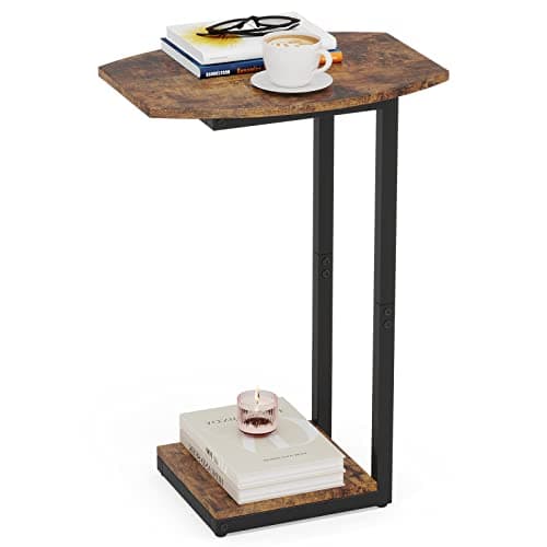 Rustic Brown C-Shaped Wood Side Table with Metal Frame — Rustic Brown