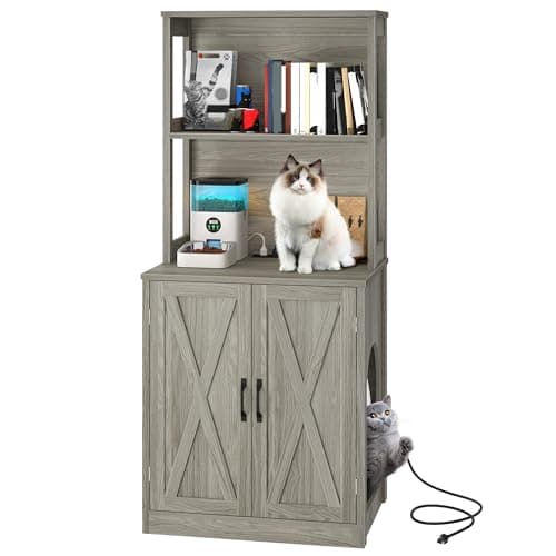 YITAHOME Double Hidden Cat Litter Box for 2 Cats, Gray Oak Enclosure with Outlet & Light — Wash Grey