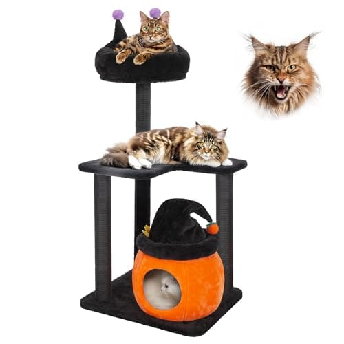 Gothic Black Cat Tree with Coffin Bed & Scratching Posts, Halloween Style for Large Cats — 44.8 " H