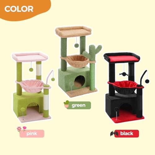PEQULTI 4-in-1 Multi-Level Pink Cat Tower with Hammock & Scratching Post