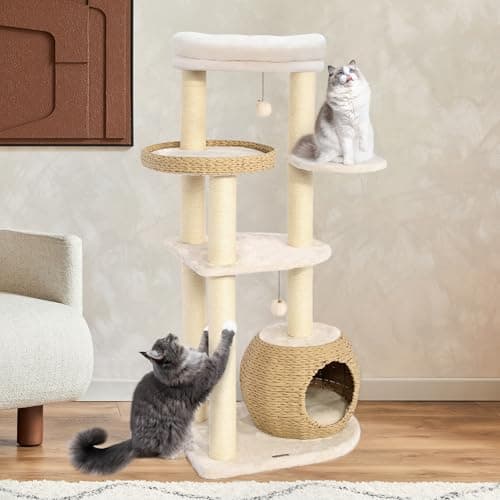 Tall Wood Cat Tree with Sisal Posts, 69" Multi-Level Platforms, Heavy Duty for Large Cats — 53” H White