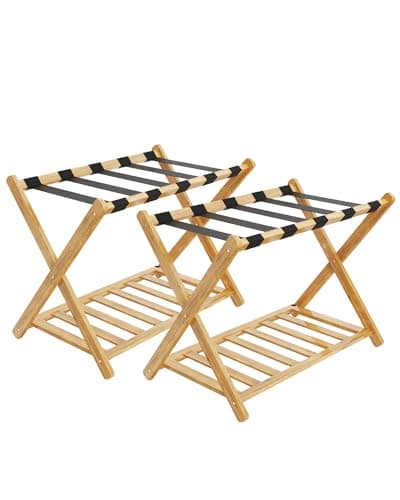 Bamboo Folding Luggage Rack with Magnetic Lock - White — Natural