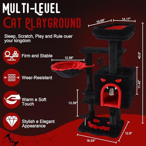 Large GothicCat Tree with Coffin Bed & Scratching Post, Tall Black Kitten Tower