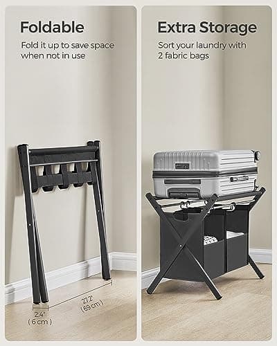 SONGMICS 2 Pack Foldable Luggage Racks with Removable Laundry Bag, Black URLR008B02